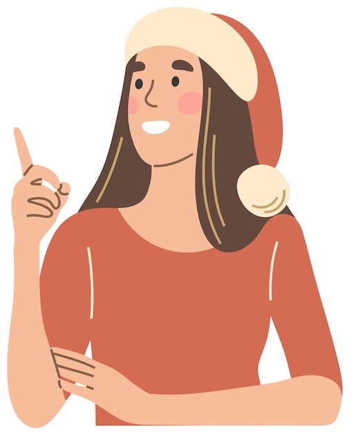 Vector una mujer con un sombrero rojo de navidad señala hacia arriba