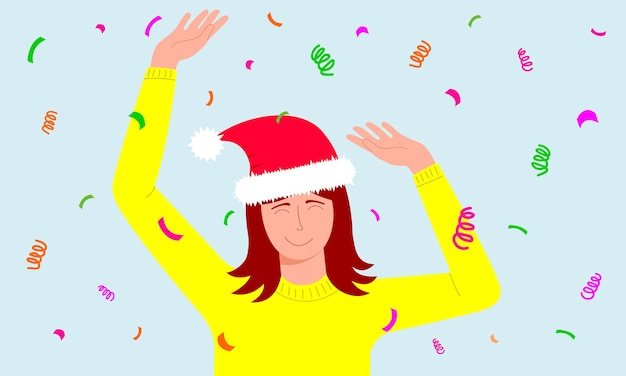 Vector mujer con sombrero de santa bailando con los ojos cerrados concepto de celebración de navidad o año nuevo