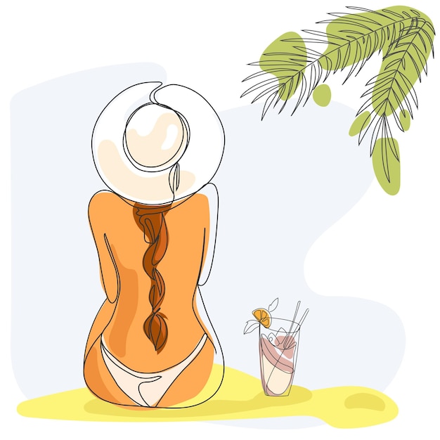 Mujer con sombrero y traje de baño relajándose en la playa con un cóctel. Arte de línea vectorial. Vacaciones de verano