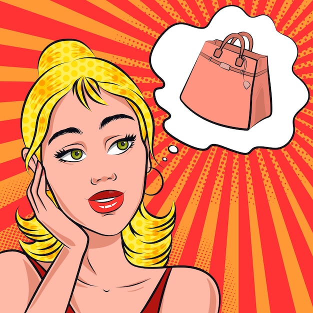 Mujer soñando con comprar un nuevo bolso, concepto de compras en estilo pop art