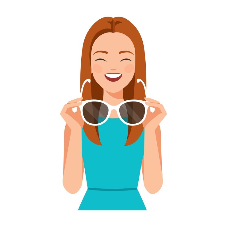 Vector mujer sonriendo mientras sostiene gafas de sol en una alegre ilustración vectorial plana