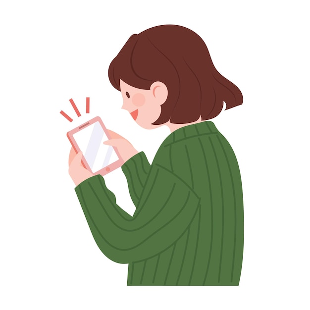 Una mujer sonriendo mientras usa un teléfono inteligente Ilustración de vector de uso de teléfono celular