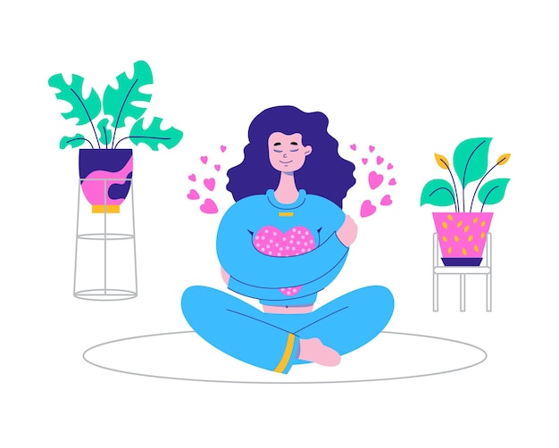 Mujer sonriente Abrazándose a sí misma y sentada Ámate a ti mismo cuidado Ilustración plana vectorial dibujada a mano