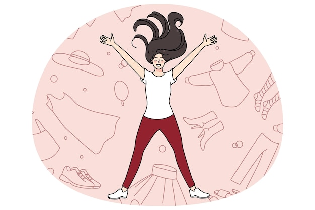 mujer sonriente, acostado, entre, ropa, y, prenda