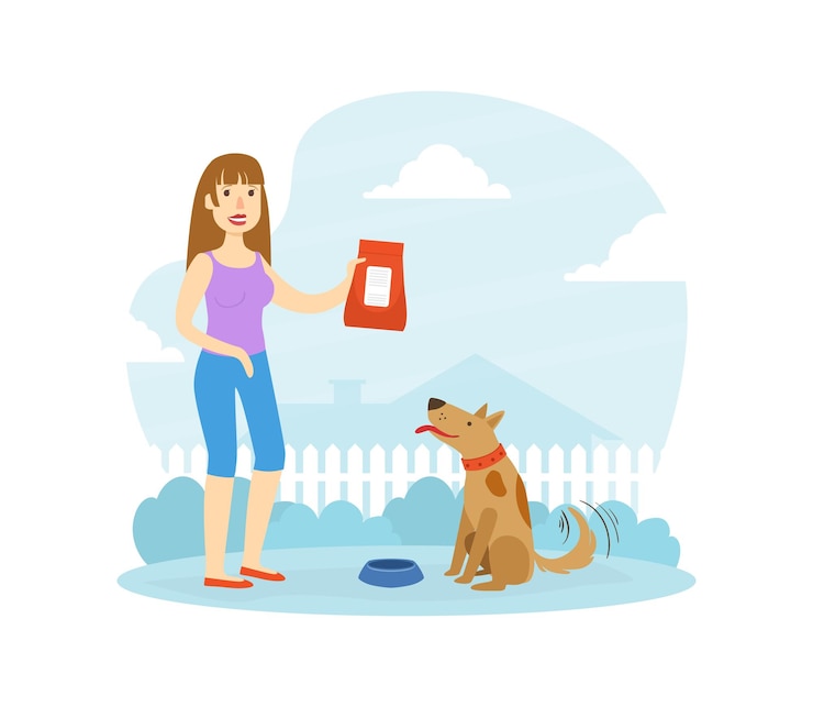 Vector una mujer sonriente alimentando a su perro en el patio trasero. ilustración vectorial plana