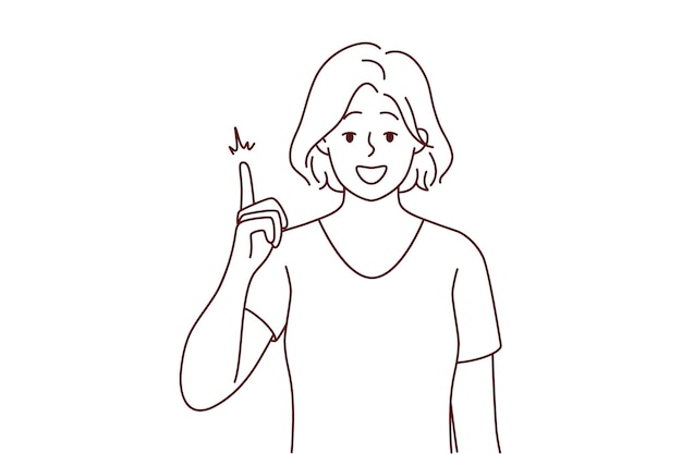 Mujer sonriente apuntando hacia arriba con el dedo