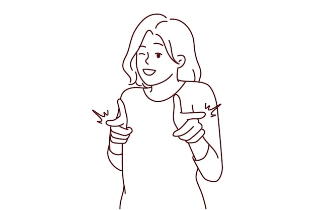 Mujer sonriente apuntando a la cámara