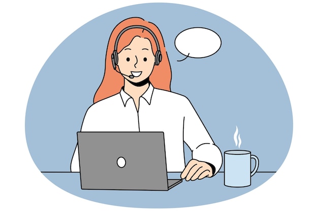 Mujer sonriente con auriculares sentada en el escritorio hablando en videollamada en la computadora feliz agente del centro de llamadas tiene una conversación en línea en la computadora portátil ilustración vectorial