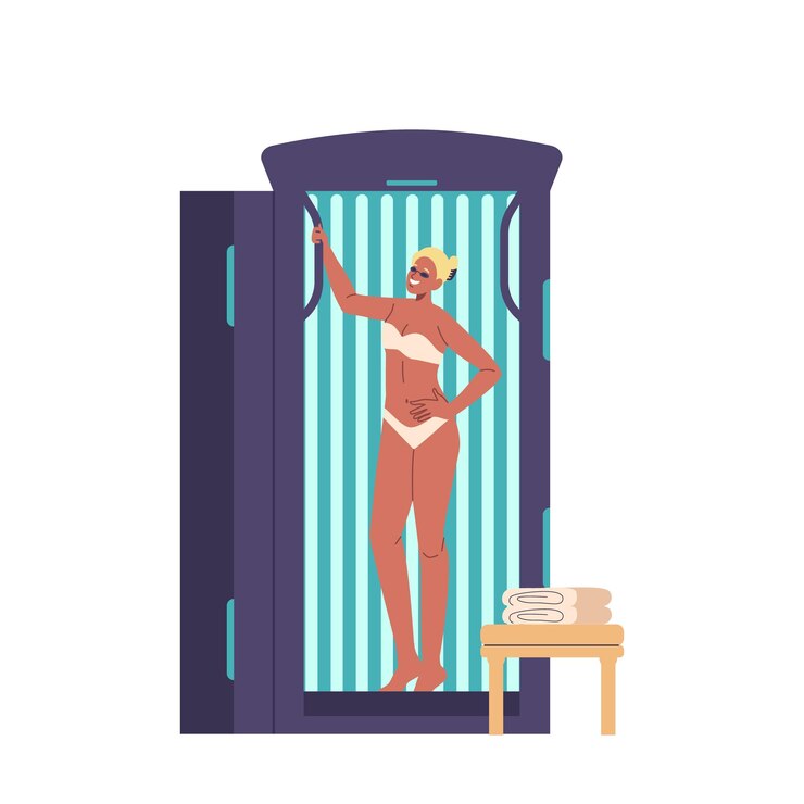 Vector mujer sonriente en bikini de pie dentro de un solario disfrutando de una sesión de bronceado personaje femenino relajado