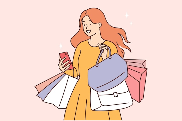mujer sonriente, con, bolsas de compras, y, teléfono celular