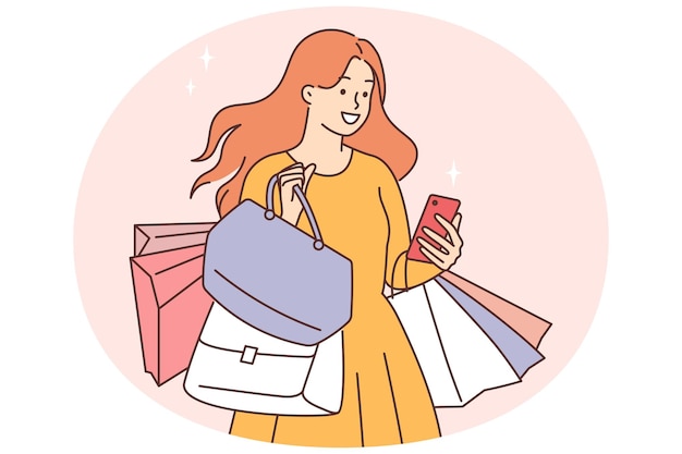 mujer sonriente, con, bolsas de compras, y, teléfono celular