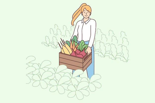 mujer sonriente, con, caja, de, vegetales