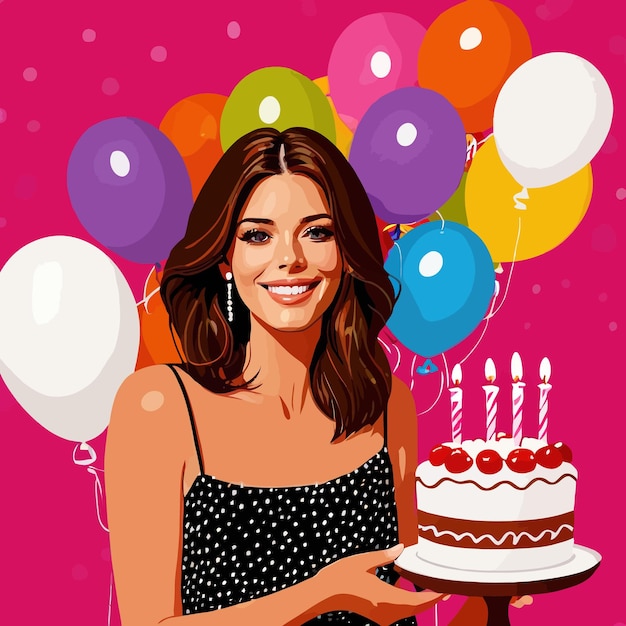 Vector mujer sonriente celebrando su cumpleaños con pastel y globos ilustración vectorial