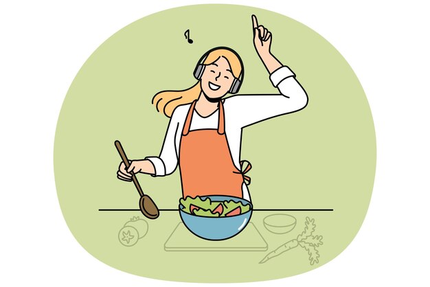 Mujer sonriente cocinando y escuchando música