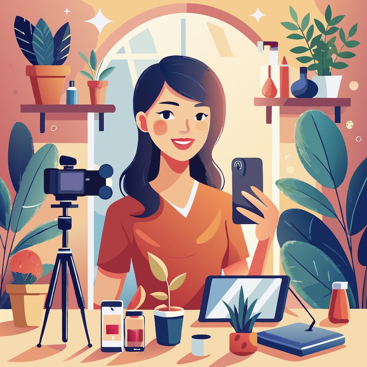 Vector una mujer sonriente está filmando un video en su teléfono con una cámara en un trípode colocado frente a ella está sentada en una oficina en casa con plantas y una tableta detrás de ella