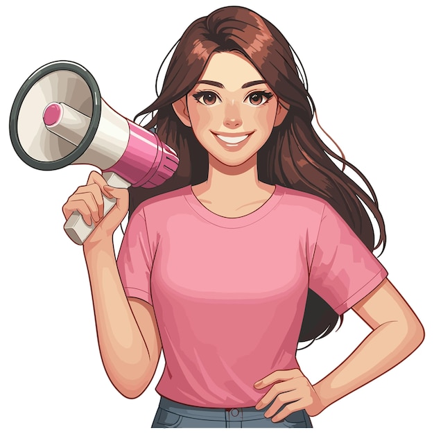 Mujer sonriente feliz con una camiseta rosa sosteniendo un vector de altavoz