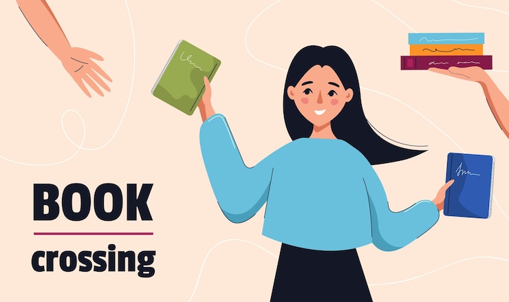 Vector mujer sonriente feliz dando libro. concepto de cruce de libros, educación, lectura, desarrollo.