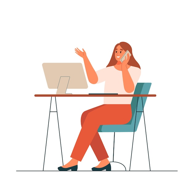Mujer sonriente hablando por teléfono móvil en la oficina. Ilustración de vector plano.