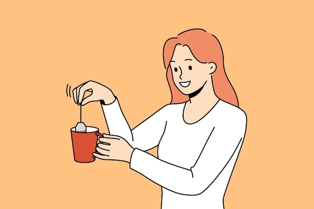 Mujer sonriente hacer té en taza