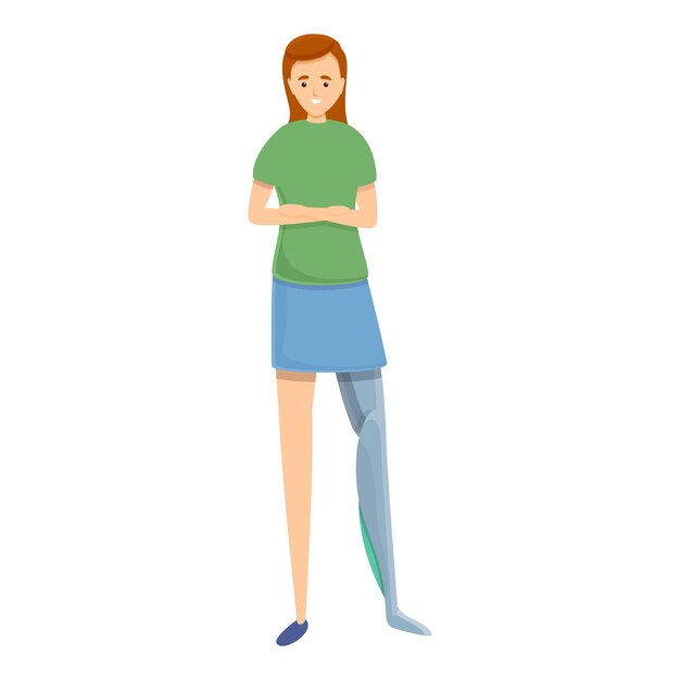 Mujer sonriente con icono de pierna artificial Caricatura de mujer sonriente con icono de vector de pierna artificial para diseño web aislado sobre fondo blanco