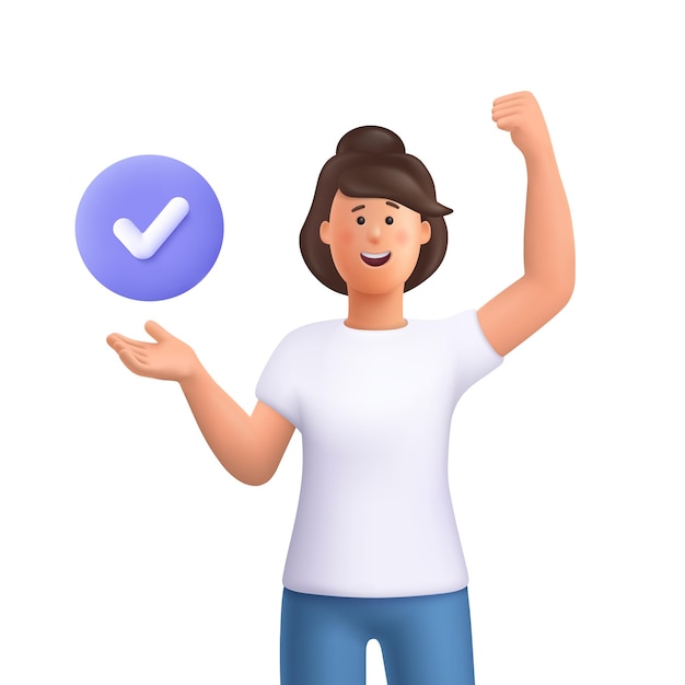 Mujer sonriente joven y marca de verificación exitosa botón de cierre Finalización de tareas asignaciones comerciales completas concepto de gestión del tiempo Ilustración de personajes de personas vectoriales 3d Estilo minimalista de dibujos animados