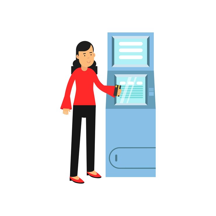 Vector mujer sonriente joven de pie cerca de cajero automático con tarjeta de pago en la mano personaje femenino de dibujos animados en blusa roja y pantalón negro cliente del banco ilustración de vector plano aislado sobre fondo blanco