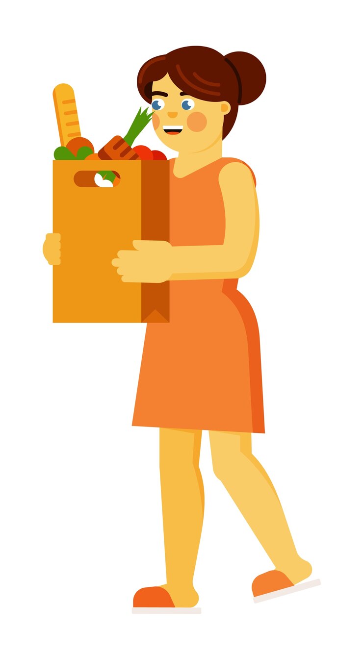 Vector mujer sonriente joven que camina con la ilustración del bolso de compras del alimento diario del supermercado aislado en el fondo blanco