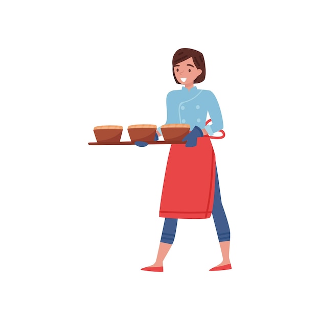 Mujer sonriente llevando una bandeja con pan caliente recién horneado Personaje de dibujos animados de panadero en uniforme de chef y delantal Profesional en el trabajo Ilustración vectorial plana colorida aislada sobre fondo blanco
