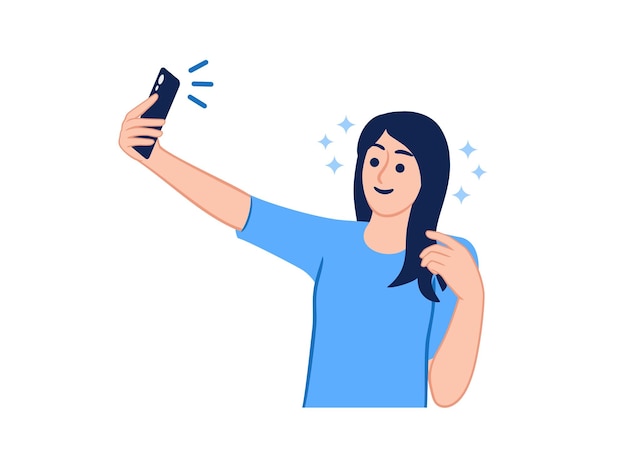 Vector mujer sonriente millenial influencer creadora de contenido de redes sociales tomando una foto selfie con un teléfono inteligente