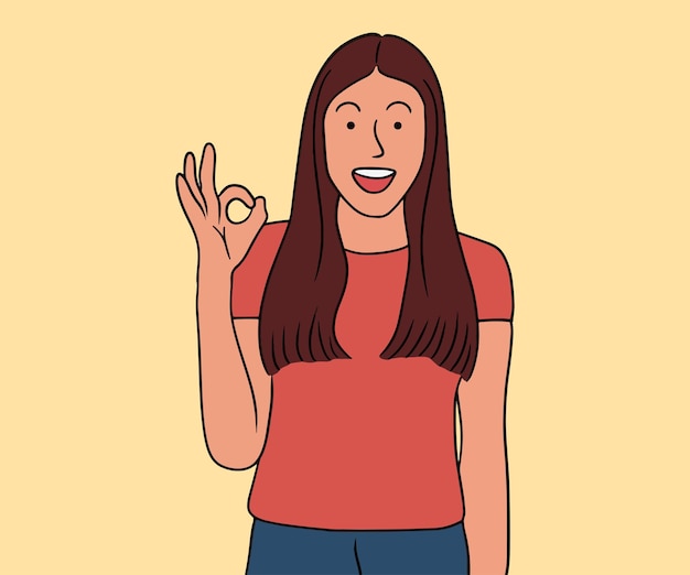 Mujer sonriente mostrando signo ok con ilustración de dedo