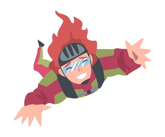 Mujer sonriente paracaidista disfrutando de la libertad de caída libre Persona femenina saltando con paracaídas en el cielo paracaidismo deporte extremo Ilustración vectorial de estilo de dibujos animados