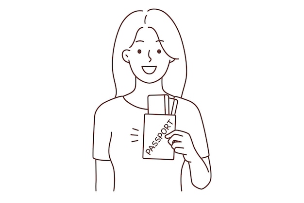 Mujer sonriente con pasaporte emocionada con viajar