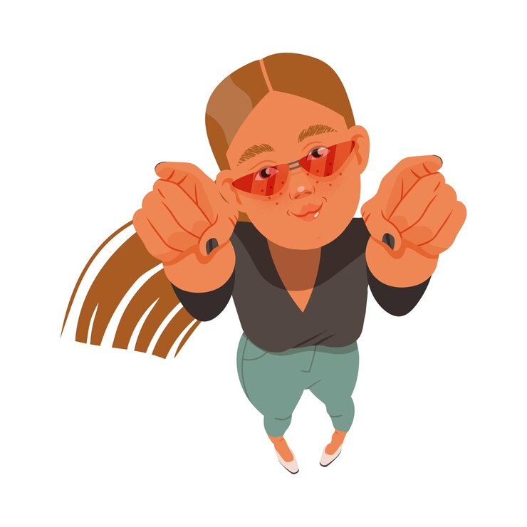 Vector mujer sonriente con pecas con gafas de sol mirando hacia arriba mirando algo y señalando con los dedos por encima ver ilustración vectorial