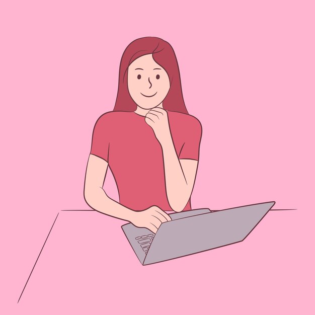 Mujer sonriente que se sienta con la computadora portátil