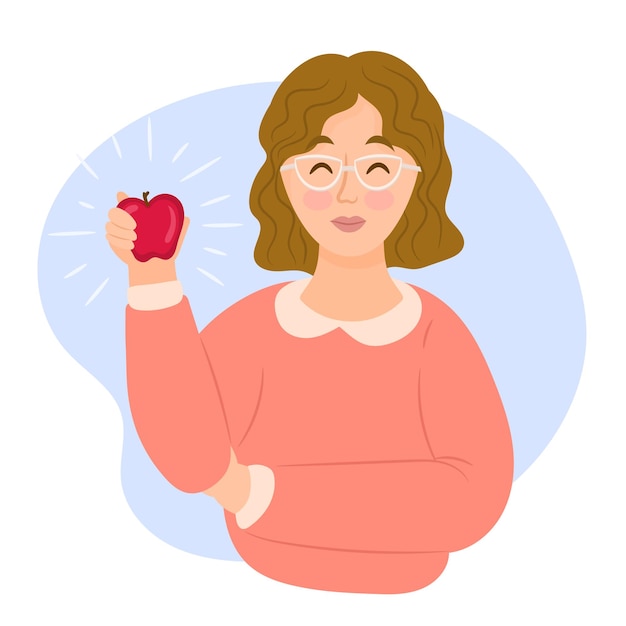 Vector mujer sonriente que sostiene la manzana roja