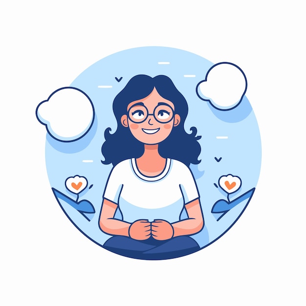 Vector mujer sonriente sentada en posición de loto y meditando ilustración vectorial