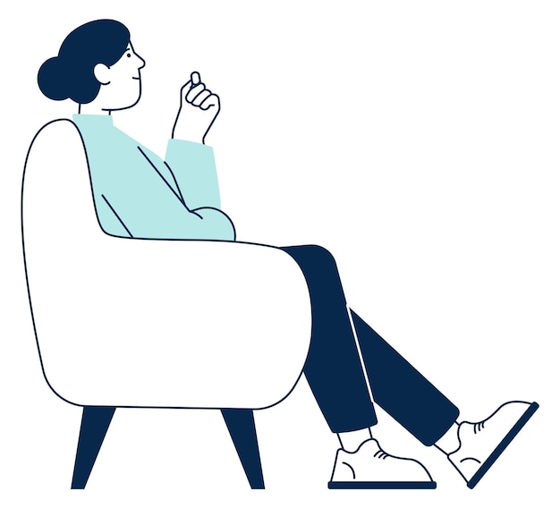 mujer sonriente, sentarse, en, sillón, descansar, joven