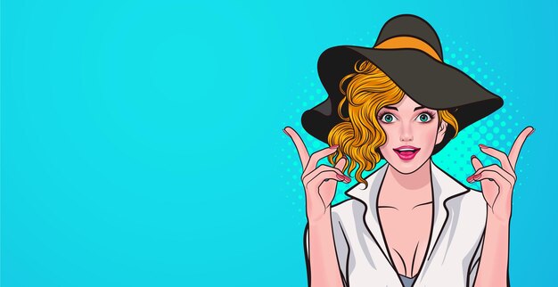 Vector mujer sonriente con sombrero grande mirando y apuntando hacia arriba estilo cómic pop art.