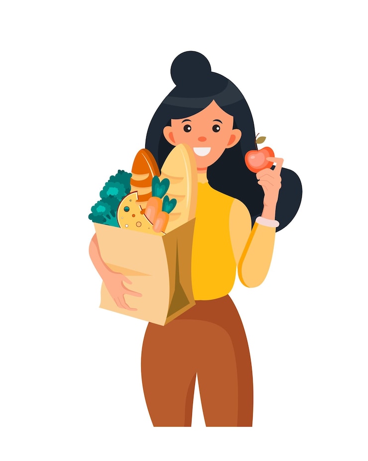 Vector mujer sonriente sosteniendo una bolsa de papel con productos alimenticios