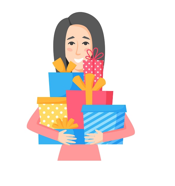 Mujer sonriente sosteniendo cajas de regalo comprar y preparar regalos de navidad para familiares y amigos