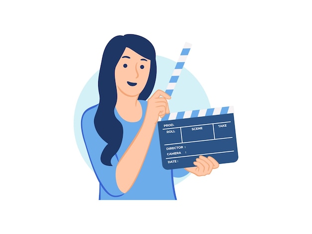 Vector mujer sonriente sosteniendo claqueta cine escena película producción de cine