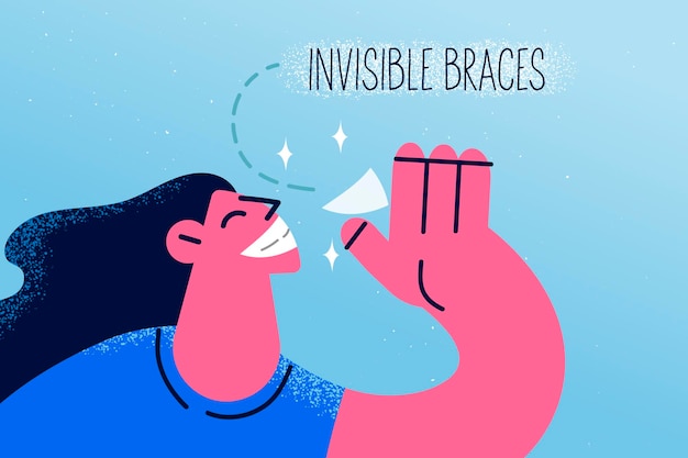 Mujer sonriente sostiene aparatos ortopédicos invisibles para tratamiento dental en la clínica de cuidado oral. Feliz cliente femenino buen resultado del sistema invisalign para la corrección de los dientes. Odontología y ortodoncia. ilustración vectorial