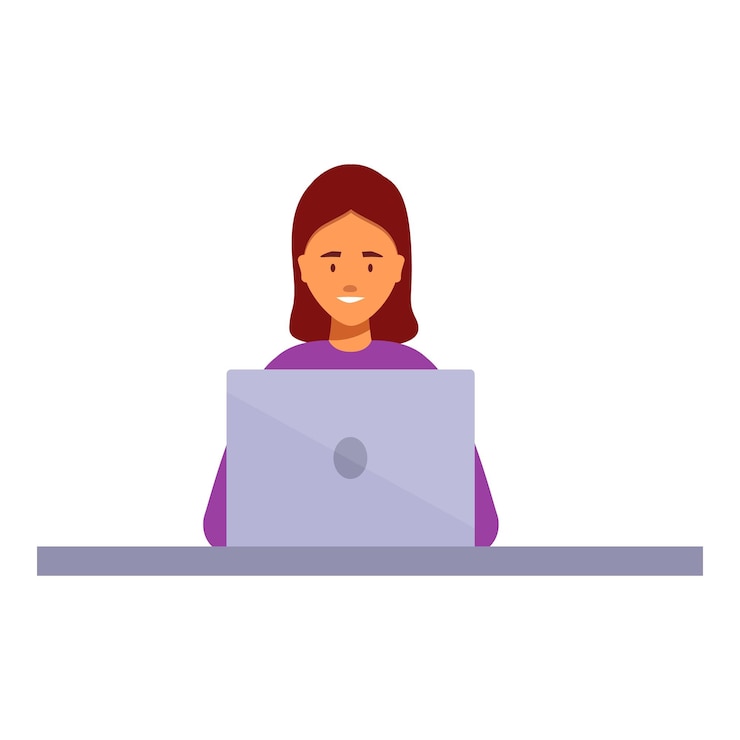 Vector mujer sonriente trabajando en una computadora portátil en el escritorio
