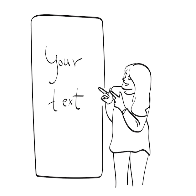 mujer sonriente usando dos dedos para señalar el espacio en blanco ilustración vectorial dibujada a mano aislada en fondo blanco arte de línea