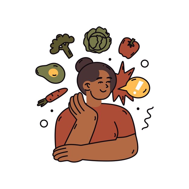 Mujer sonriente con verduras Comida rápida o concepto de comida saludable Elegir la nutrición adecuada Rechazo de comida dulce y chatarra Estilo plano en ilustración vectorial Elemento aislado