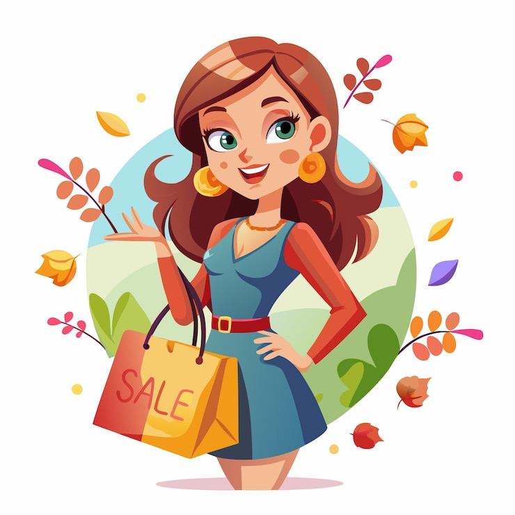 Vector una mujer sonriente en un vestido azul sostiene una bolsa de compras con texto de venta hojas de otoño la rodean