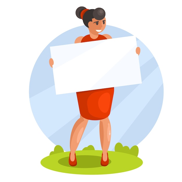 Mujer sonriente en vestido rojo sosteniendo una pancarta en blanco Gráficos vectoriales