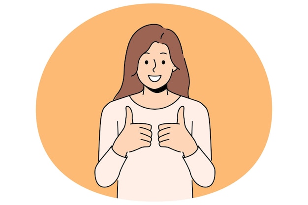 La mujer con una sonrisa levanta dos pulgares de acuerdo con su curso de acción propuesto