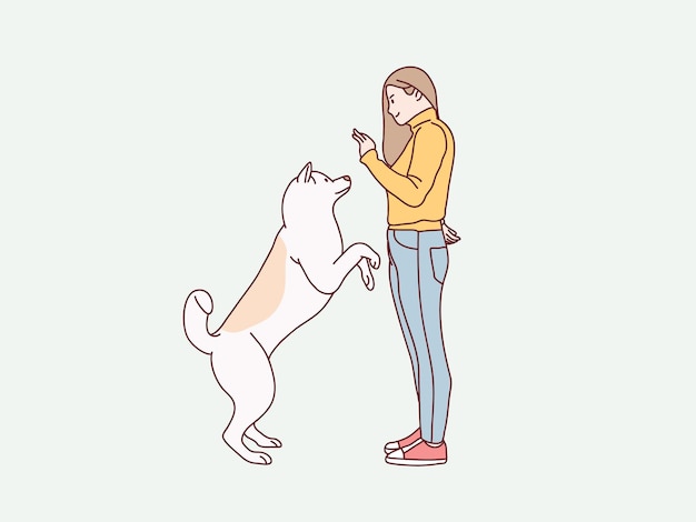 Mujer soporte entrenamiento perro mascota amistad simple estilo coreano ilustración