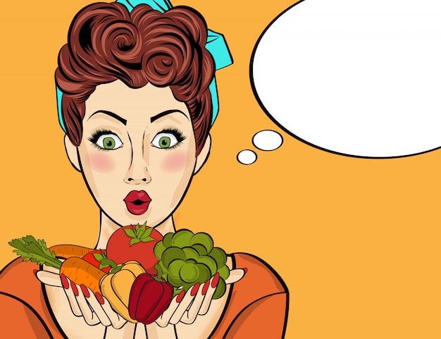 Vector mujer sorprendida del arte pop que sostiene verduras en sus manos